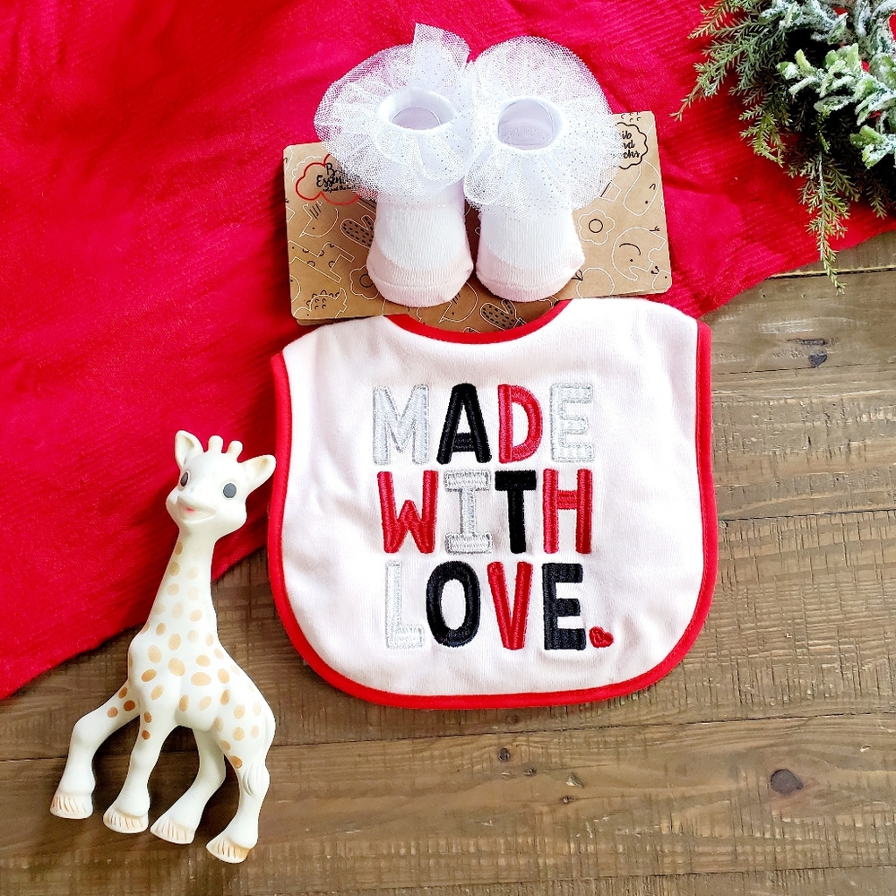 Baby Essentials Made With Love Baby Girl Valentines Pink Red Bib Ruffle Sock Set